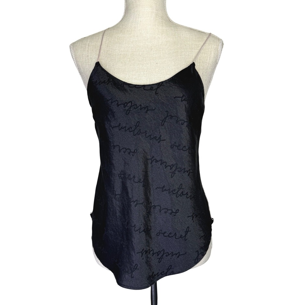 Victoria's Secret Tonal Script Logo Allover Print Satin Cami Small Black/Pink